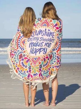 NATURAL LIFE Round Fringe Towel in Cream with Multicolor Print